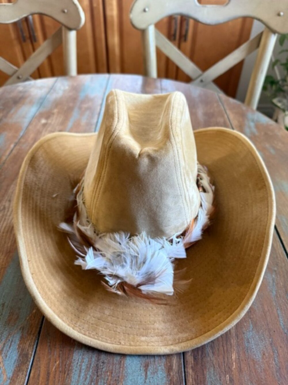 Vintage 70s 80s Longhorn by YA Suede Leather Cowboy Hat Feather Band Tan 7-1/4